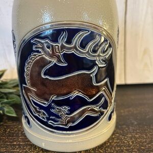 German Stoneware Pint Beer Mug Leaping Stag Handarbeit Saltgasur 1973